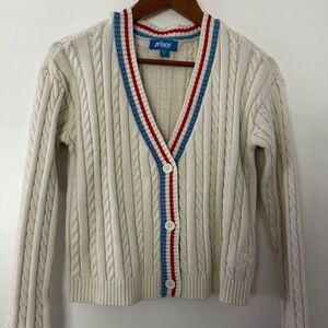 Cream Cableknit Cardigan with Blue and Red Trim